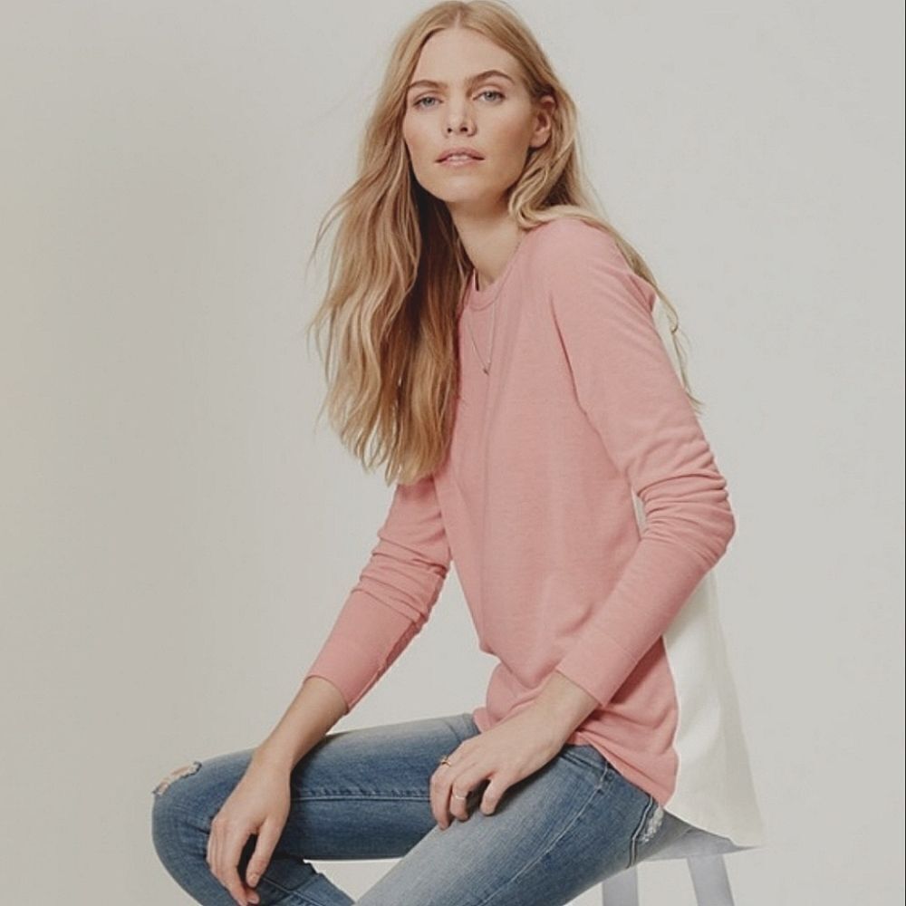 Loft Women's Mixed Media Long Sleeve Button-Back Pink White Hi-Low Top